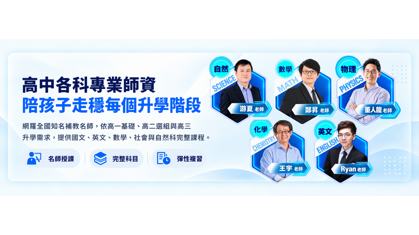 高中各科專業師資,陪孩子走穩每個升學階段。自然游夏、數學鄭昇、物理董人龍、化學王宇、英文Ryan老師。