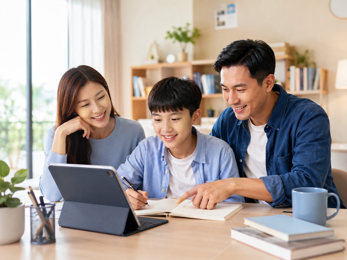 父母陪伴國中孩子在家一起線上學習